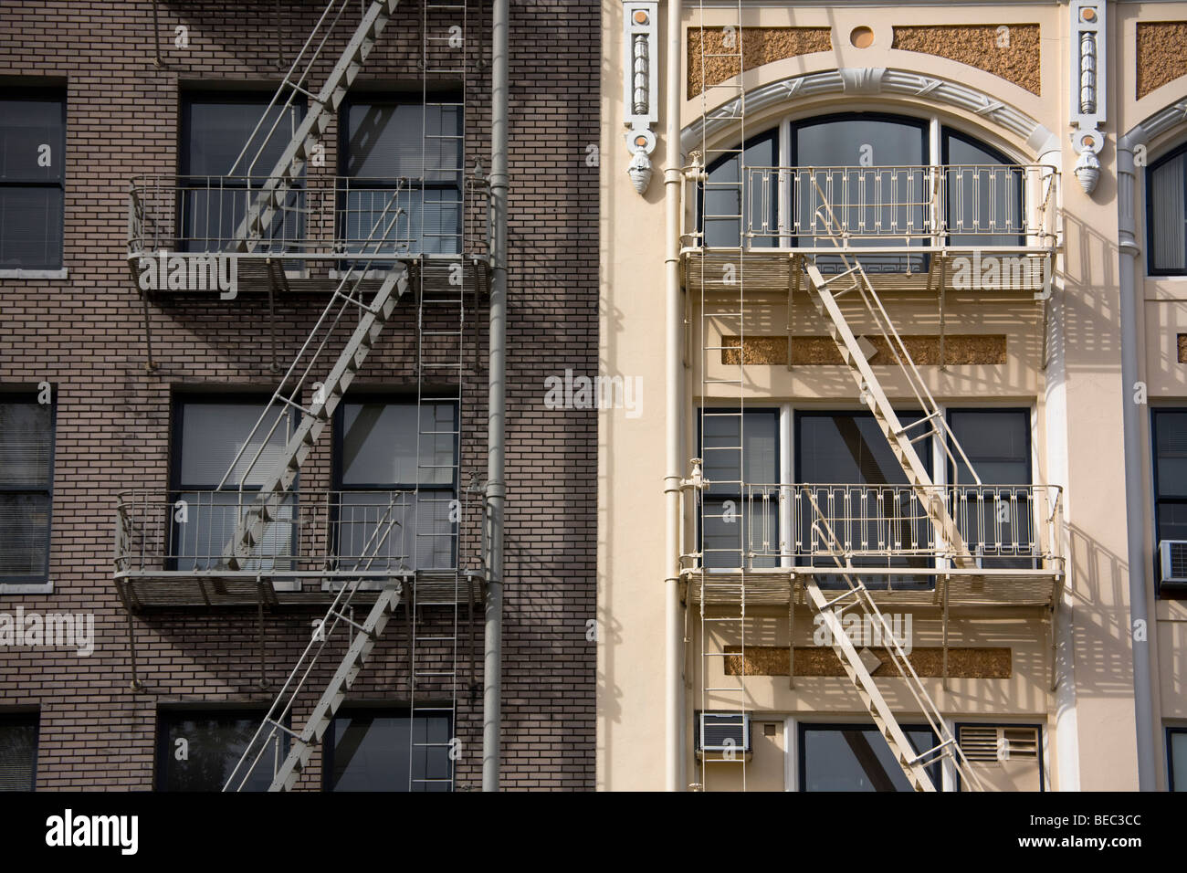 Building facades with escape ladder in the street of Portland, Oregon