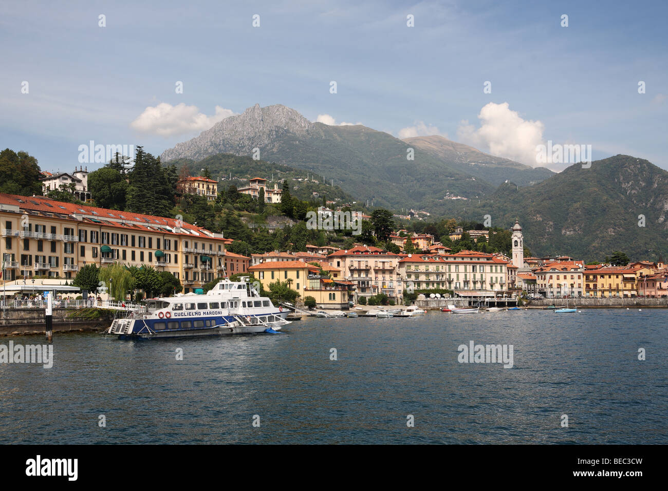 The lake Como fast ferry Guglielmo Marconi moored at the lakeside resort of Menaggio, Italy, Europe Stock Photo