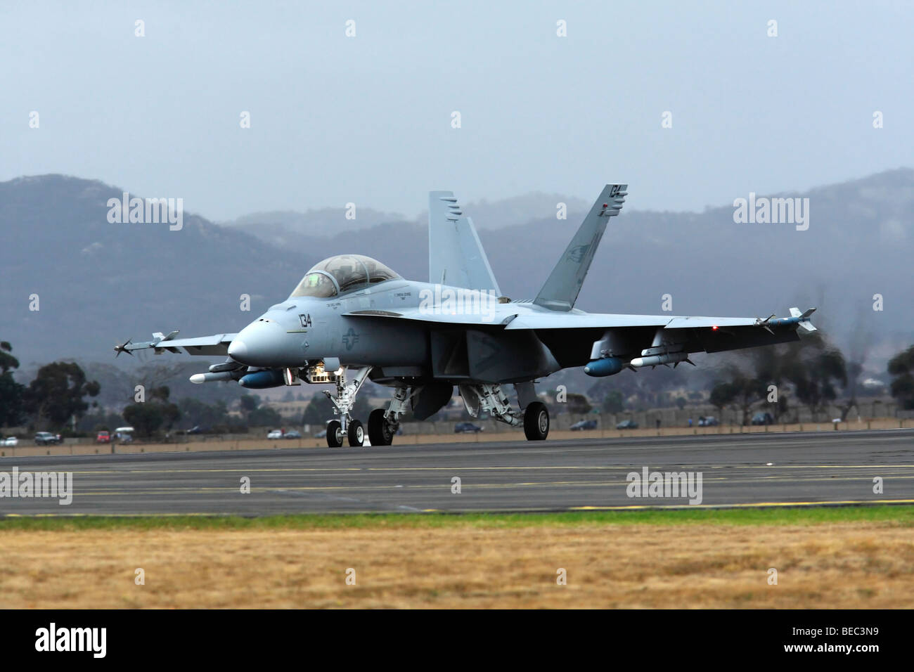 F/A-18 Super Hornet Jet Fighter on Runway Stock Photo