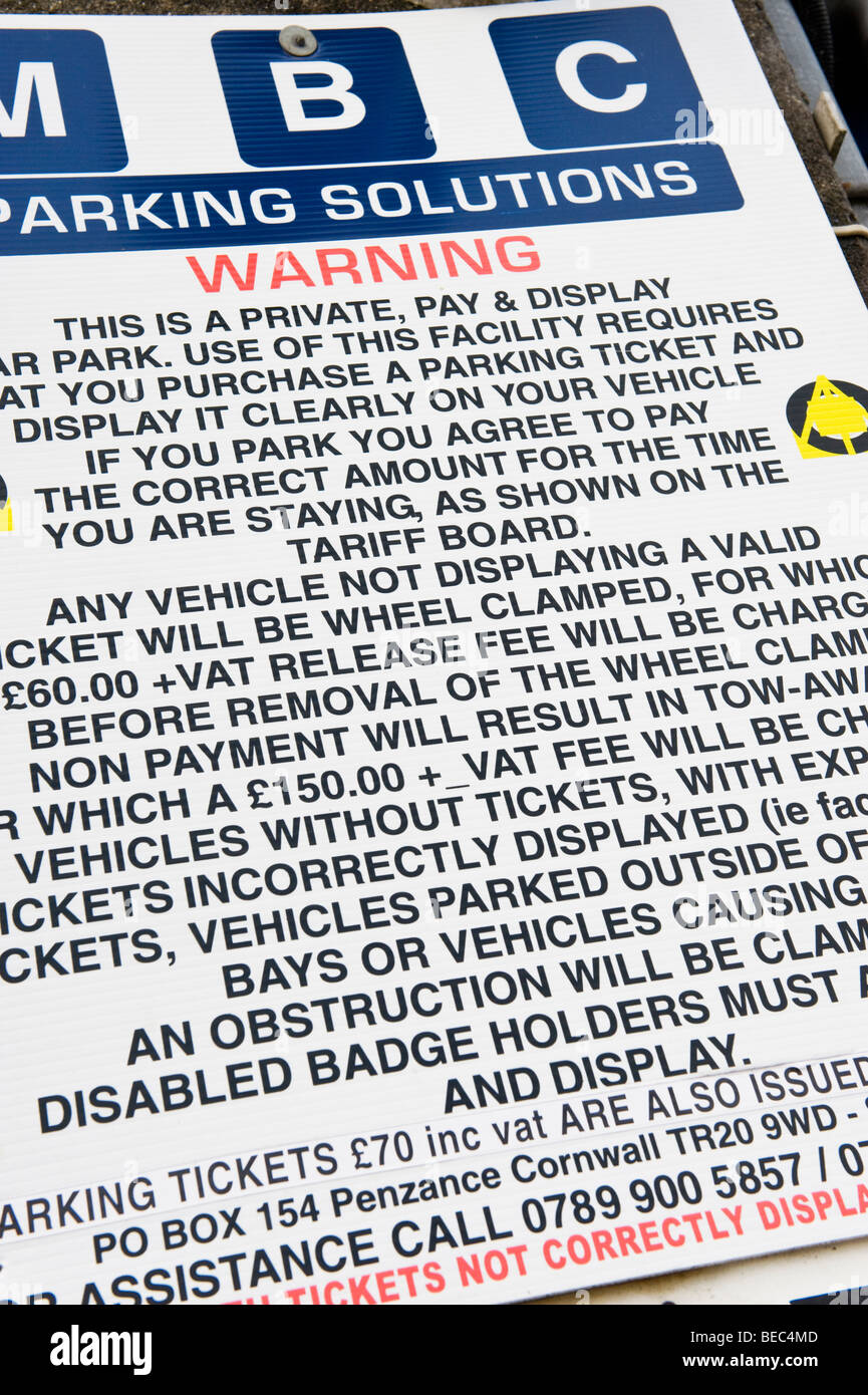 Vehicle clamp warning notice in a car park at St Ives, Cornwall, UK Stock Photo