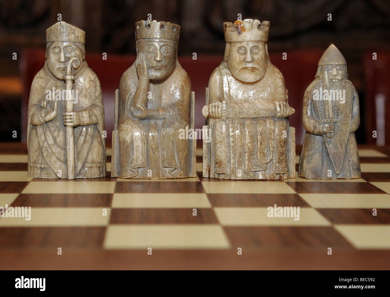 Some of the original Lewis chess men held in the national museum of Scotland. Stock Photo