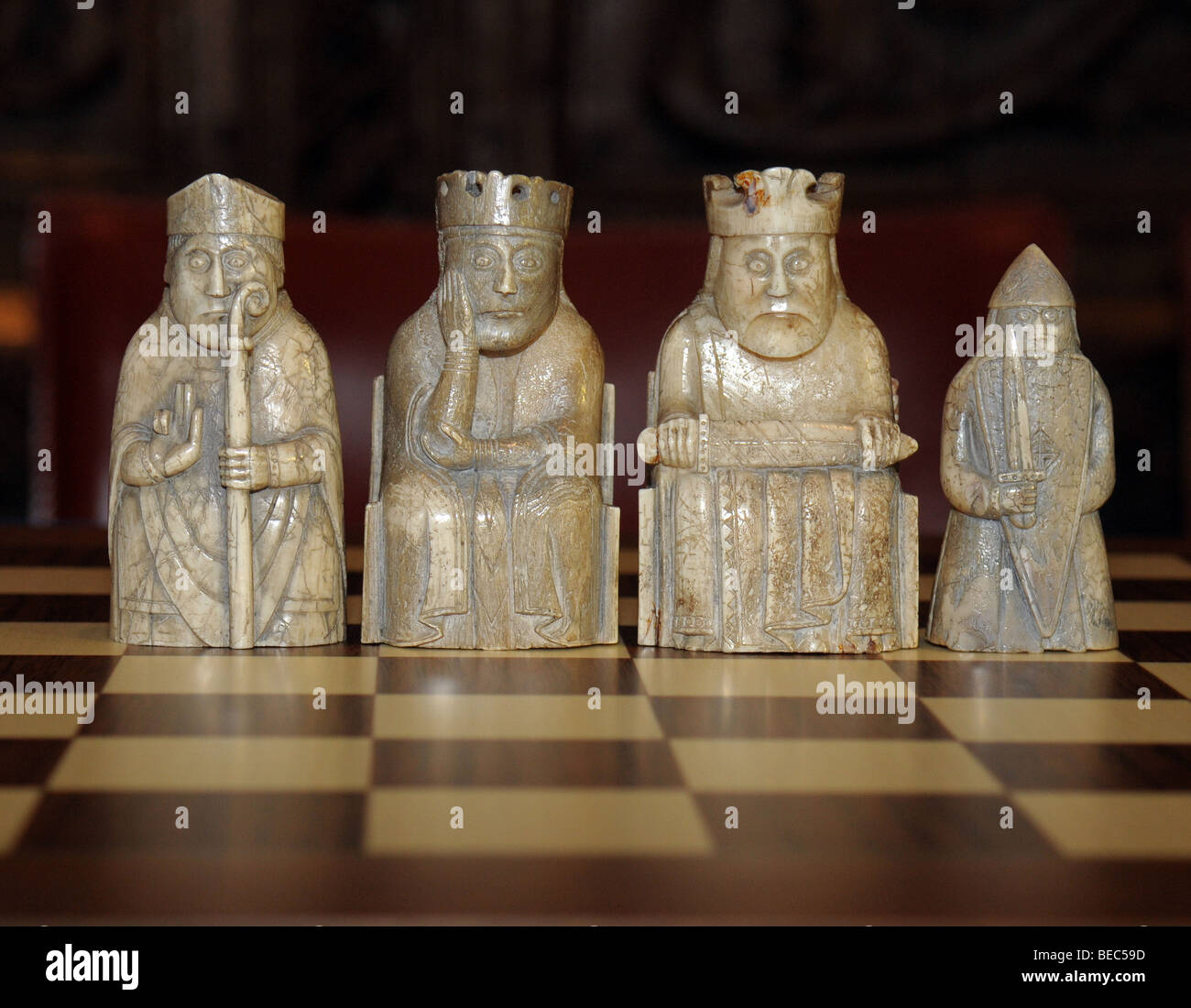 Some of the original Lewis chess men held in the national museum of Scotland. Stock Photo