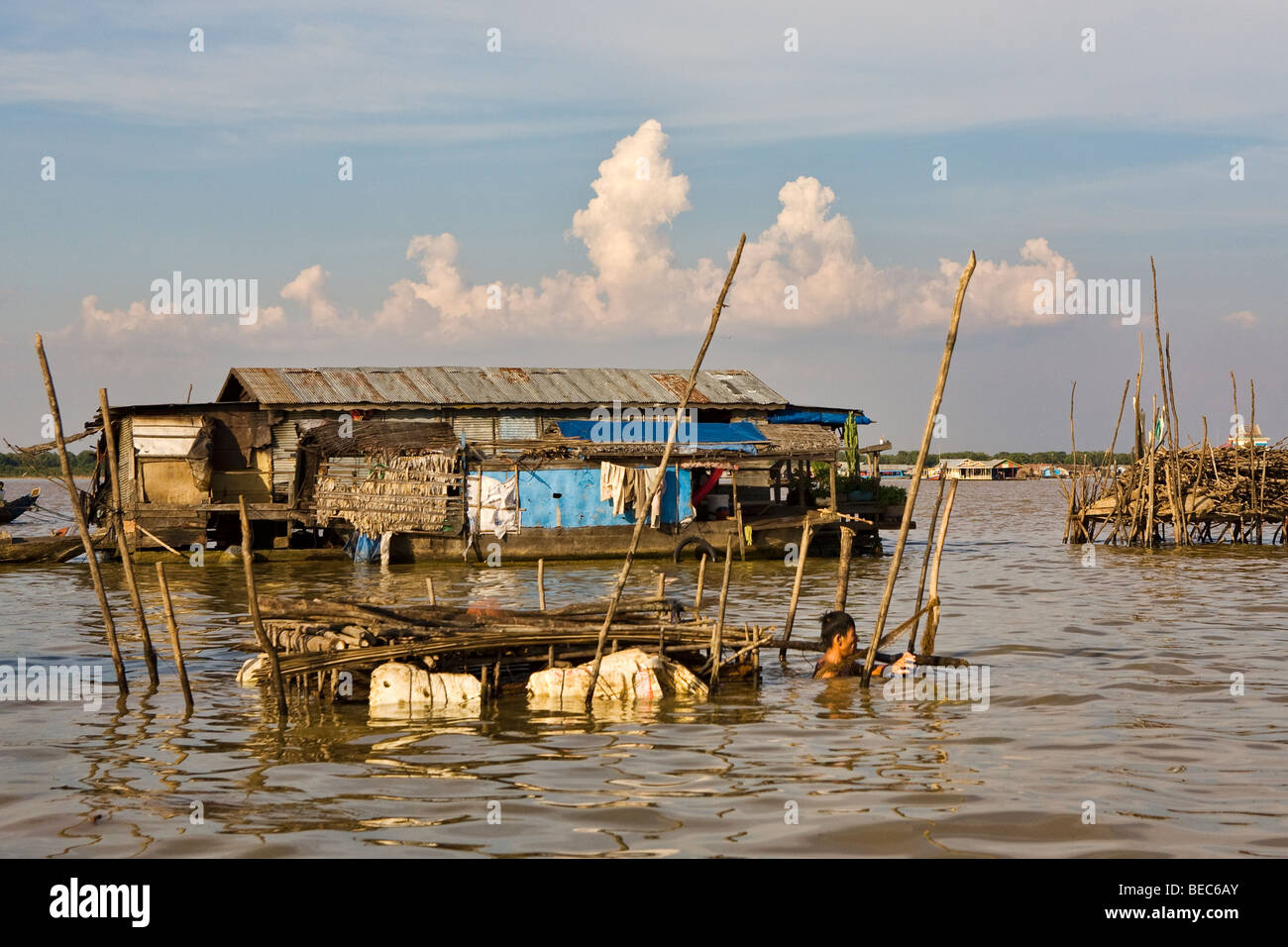 A floating house on Tong Le Sap Lake in Cambodia Stock Photo