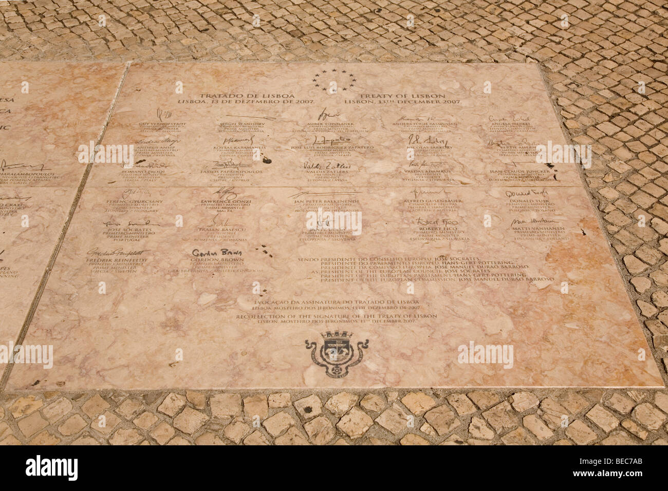 A memorial to the Lisbon Treaty of 13th December 2007. The names of the signatories can be seen on the memorial. Stock Photo