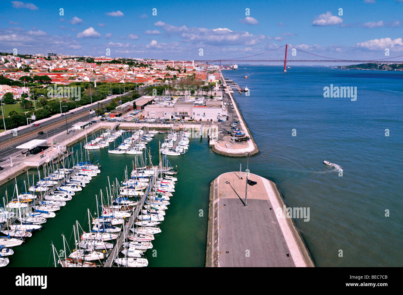 Portugal, Lisbon: View to de marina of Belem and river Tagus from the top of the Monument of the Discoveries Stock Photo