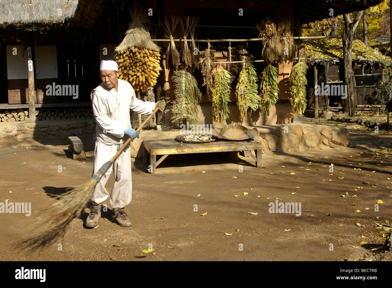Man sweeping yard, Korean Folk Village, South Korea Stock Photo Alamy