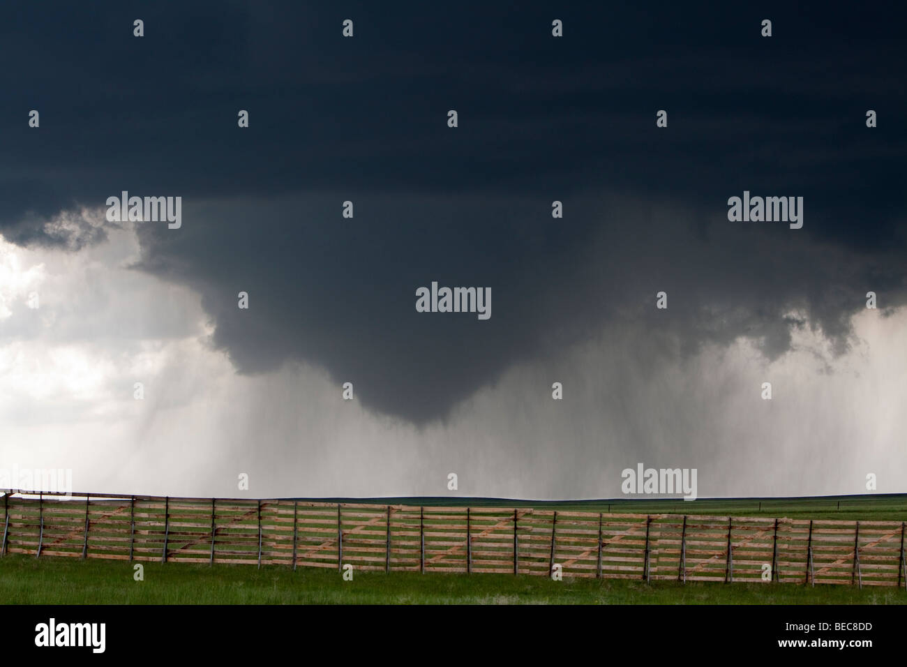A funnel cloud lowers from the sky in Goshen County, Wyoming, USA, June
