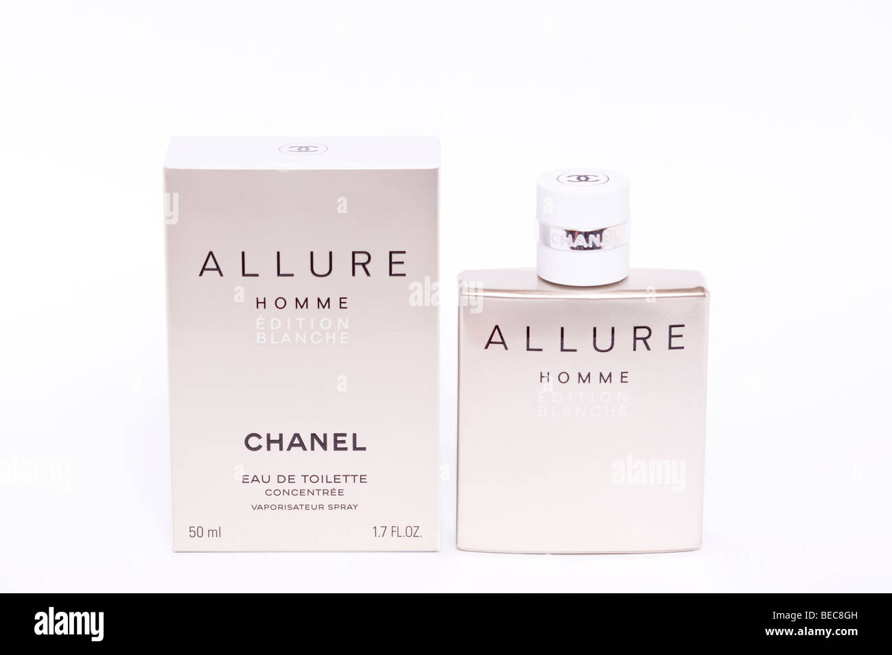 A bottle of Chanel Allure after shave for men with box on a white background Stock Photo