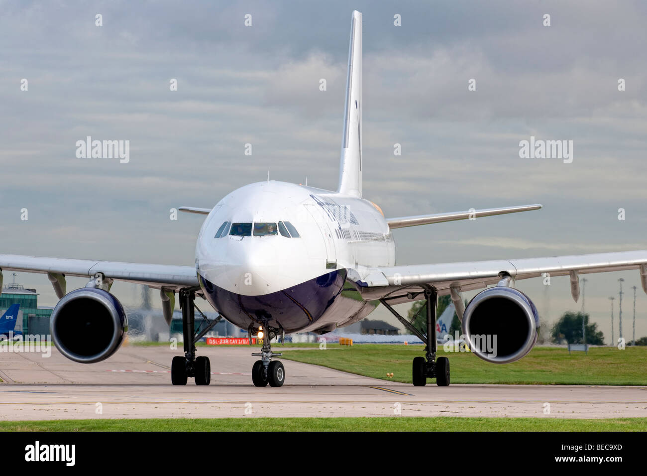 Monarch aircraft taxiing for take off from Manchester Airport (Ringway Airport) in Manchester, England Stock Photo