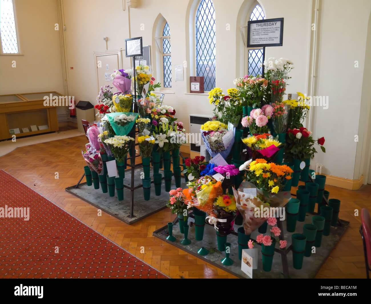Flowers left in the Chapel of Remembrance in Acklam Cemetery Middlesbrough Stock Photo