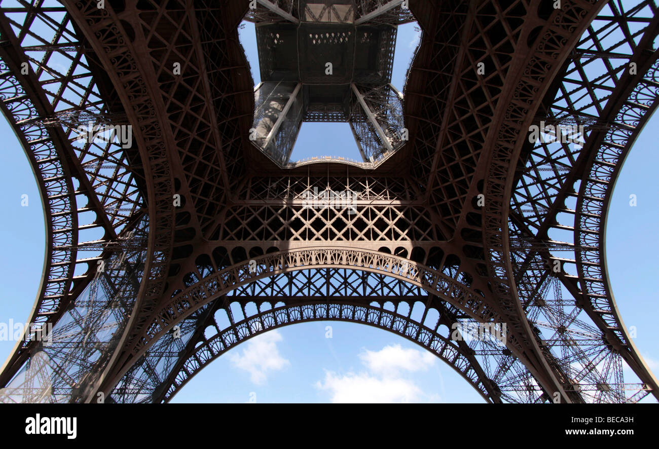 View of the steel frame of the Eiffel Tower, Paris, France, Europe Stock Photo