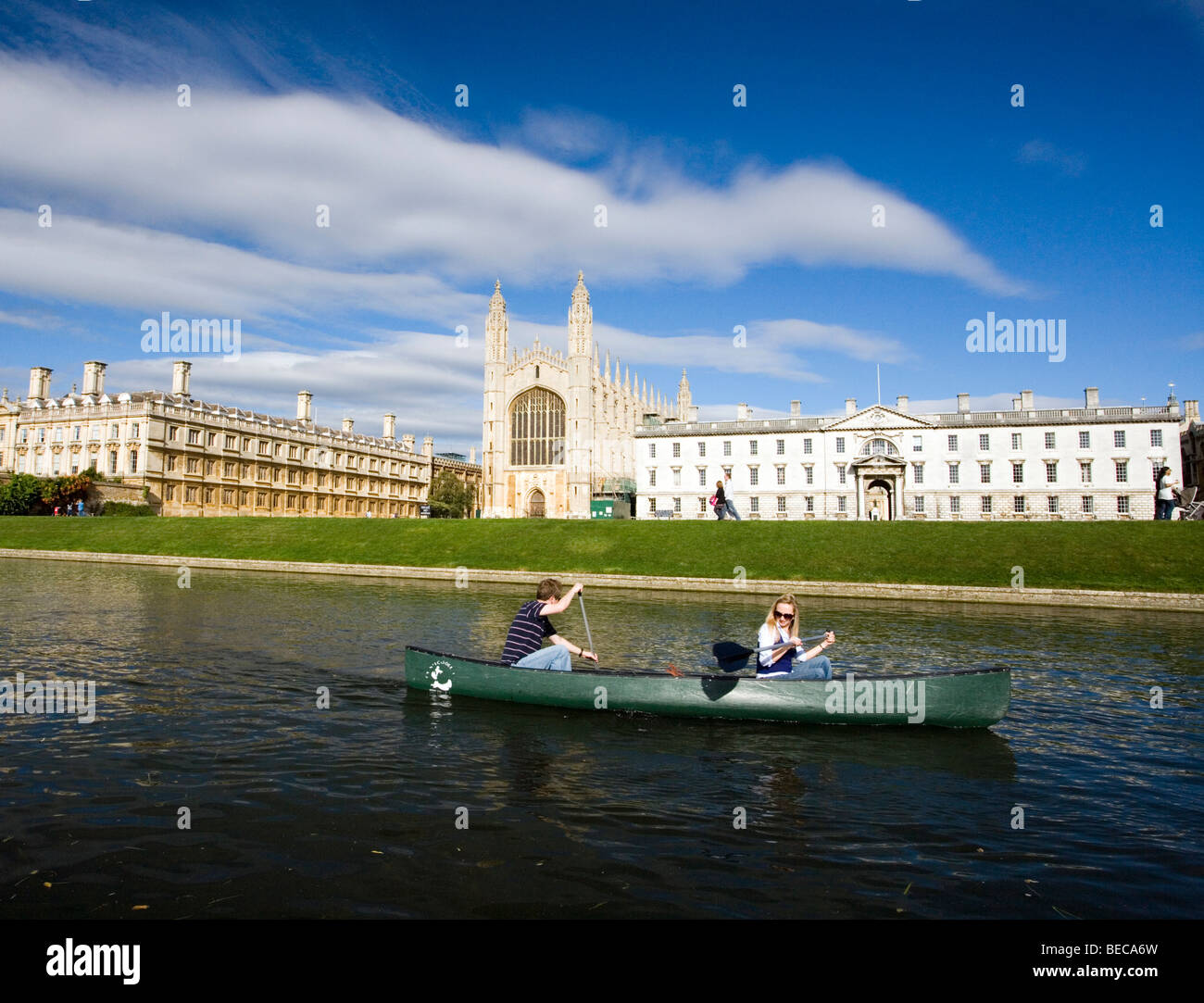 Kayak boat with tourists on the river Cam at the Kings college in Cambridge, Cambridgeshire, UK. Stock Photo