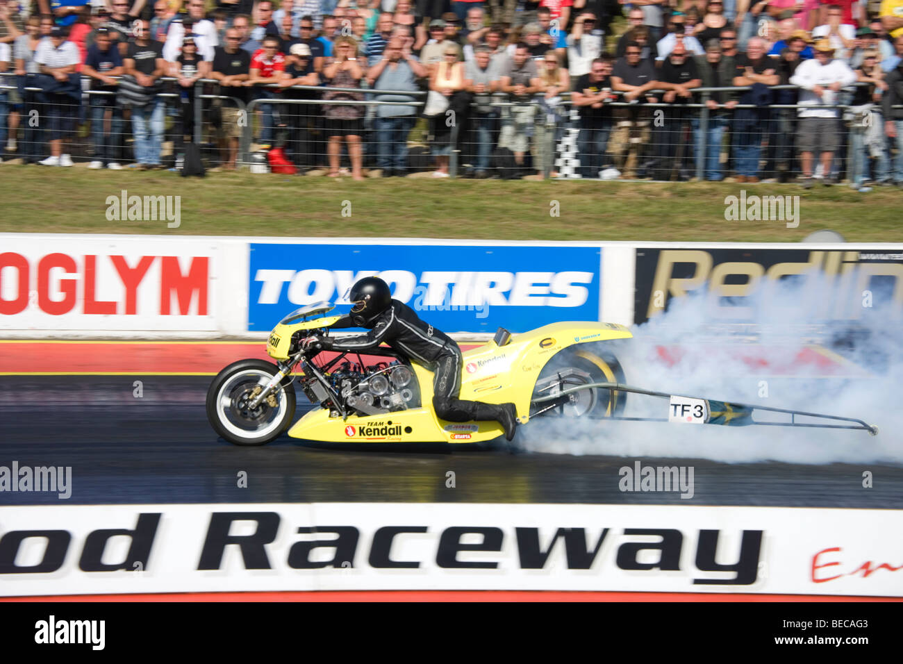 UEM Top Fuel Bike driven by Peter Svensson at the FIA European Drag Racing  Championship finals at Santa Pod, England Stock Photo - Alamy