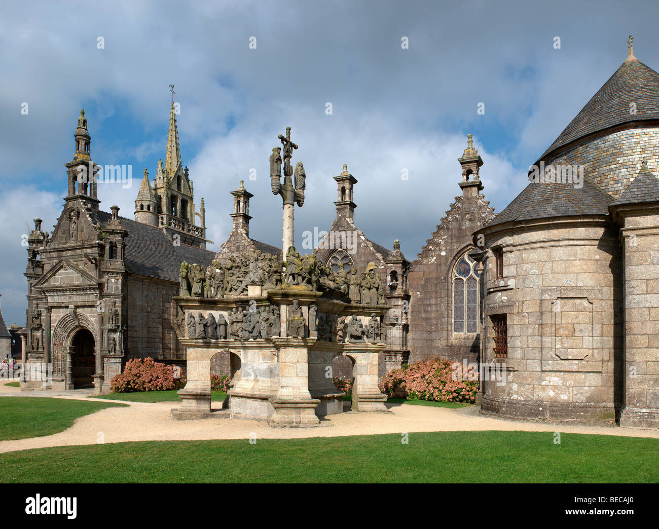 The Church of St. Miliau Guimiliau with Calvaire, Calvary, Finistere, Brittany, France, Europe Stock Photo