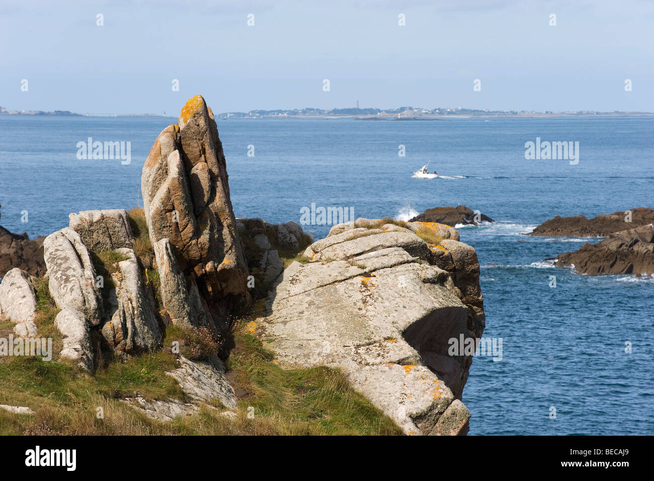 Coast at Le Diben, in the back the Ile de Batz island, Finistere, France, Europe Stock Photo
