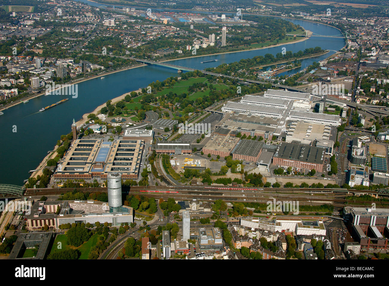 Aerial photo, Koeln Messe Cologne Exhibition Fair, Deutz, Cologne, North Rhine-Westphalia, Germany, Europe Stock Photo