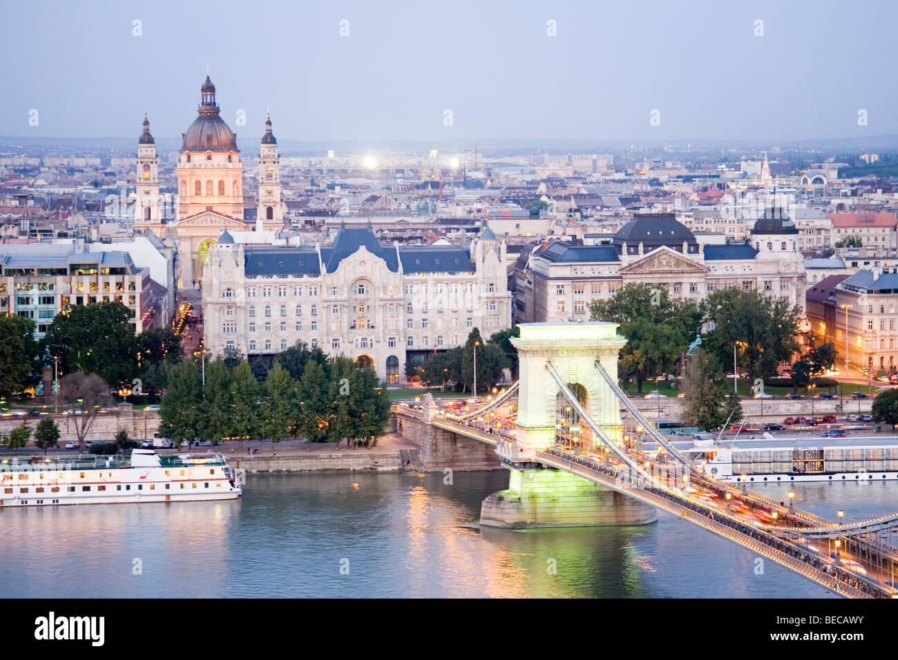 Chain Bridge and St. Stephen's Basilica, dusk, Budapest, Hungary, Eastern Europe Stock Photo