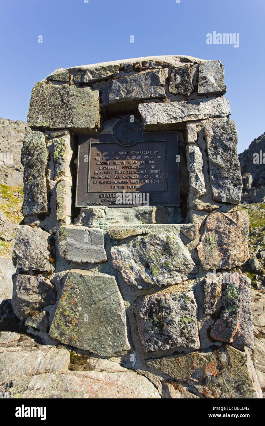 Memorial Stone marking 100th anniversary of Klondike Gold Rush, centennial, summit of Chilkoot Trail, Chilkoot Pass, Klondike G Stock Photo