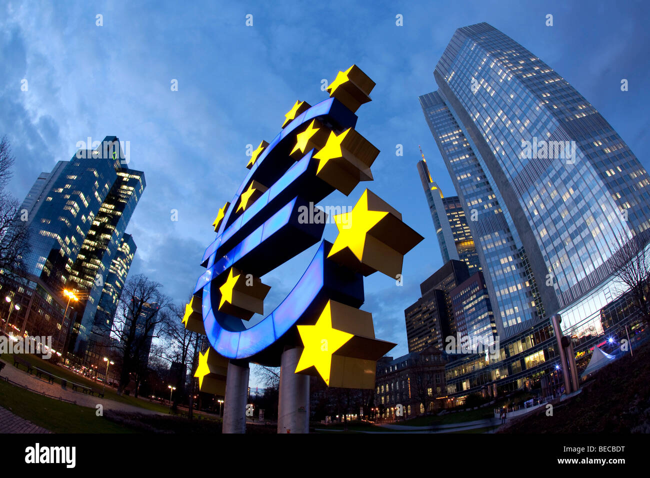 European Central Bank, right, with the euro symbol and Dresdner Bank, left, in Frankfurt am Main, Hesse, Germany, Europe Stock Photo