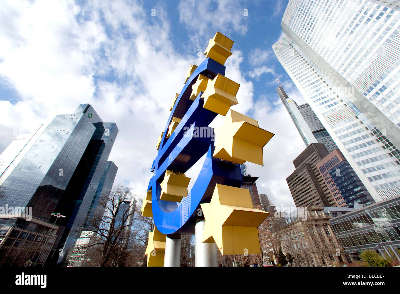 European Central Bank, right, with the euro symbol and Dresdner Bank, left, in Frankfurt am Main, Hesse, Germany, Europe Stock Photo