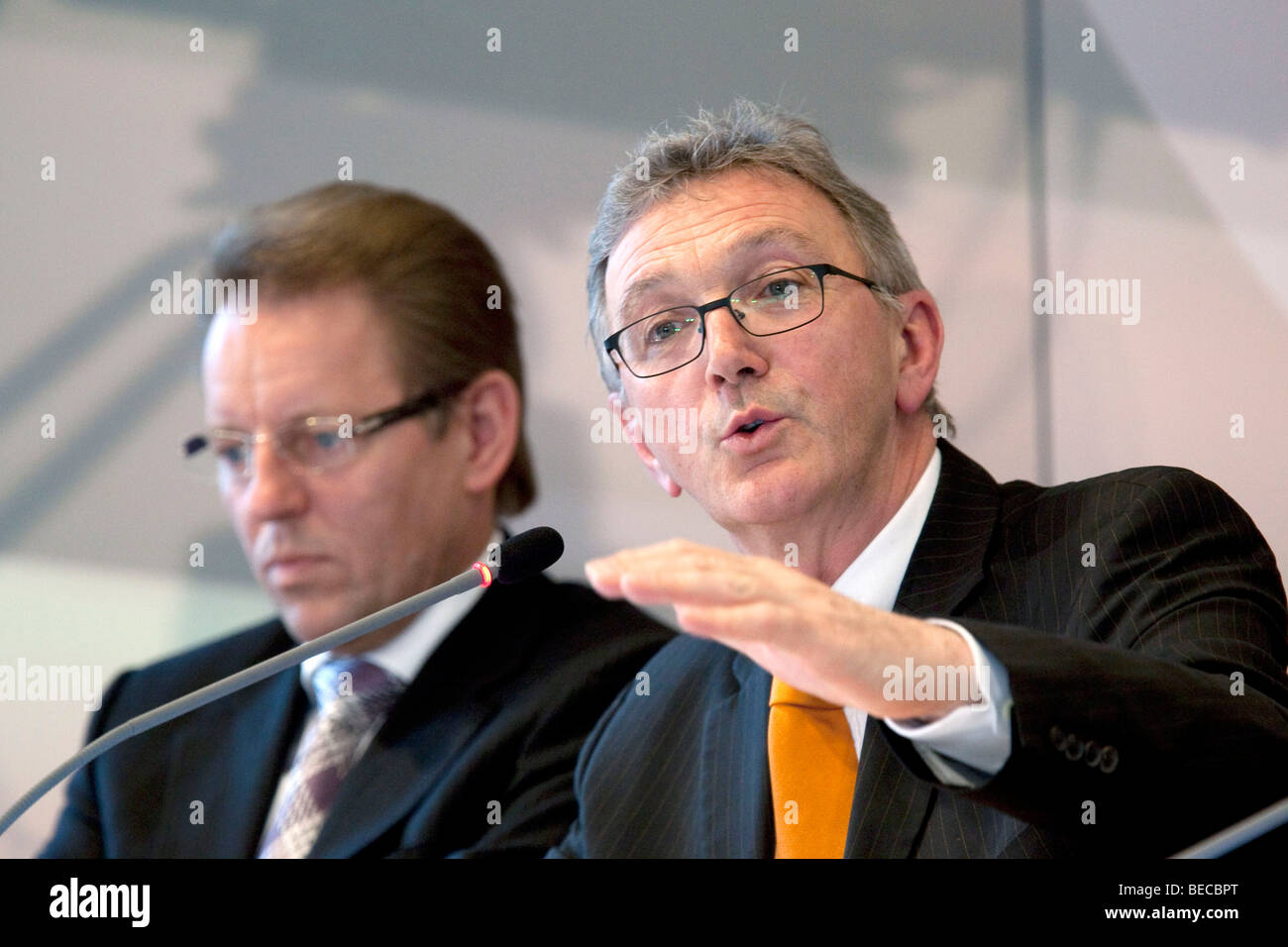 Wolfgang Mayrhuber, right, chairman and CEO of Deutsche Lufthansa AG, and Stephan Gemkow, chief financial officer of Deutsche L Stock Photo