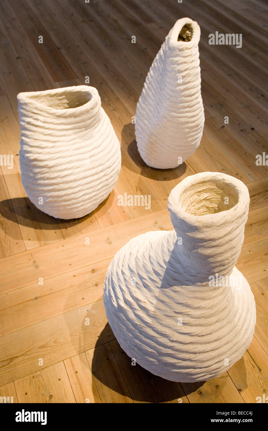 Three white weaved vases Stock Photo