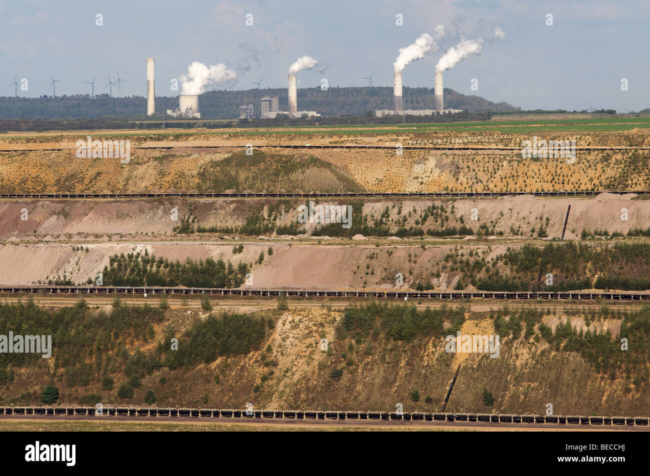 Conveyer belts at Garzweiler opencast mine taking lignite (brown coal) to the Frimmersdorf power station, Germany. Stock Photo