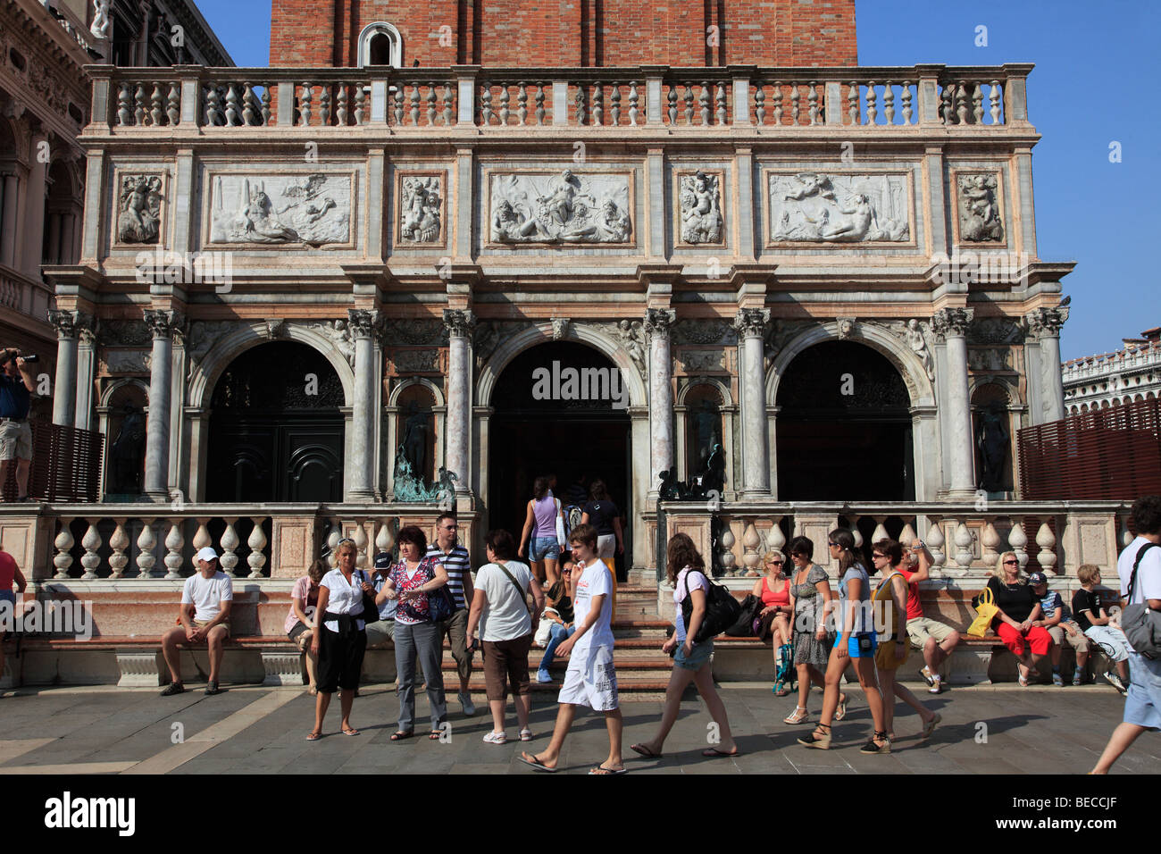 Italy, Venice, Piazza San Marco, Campanile entrance, people Stock Photo
