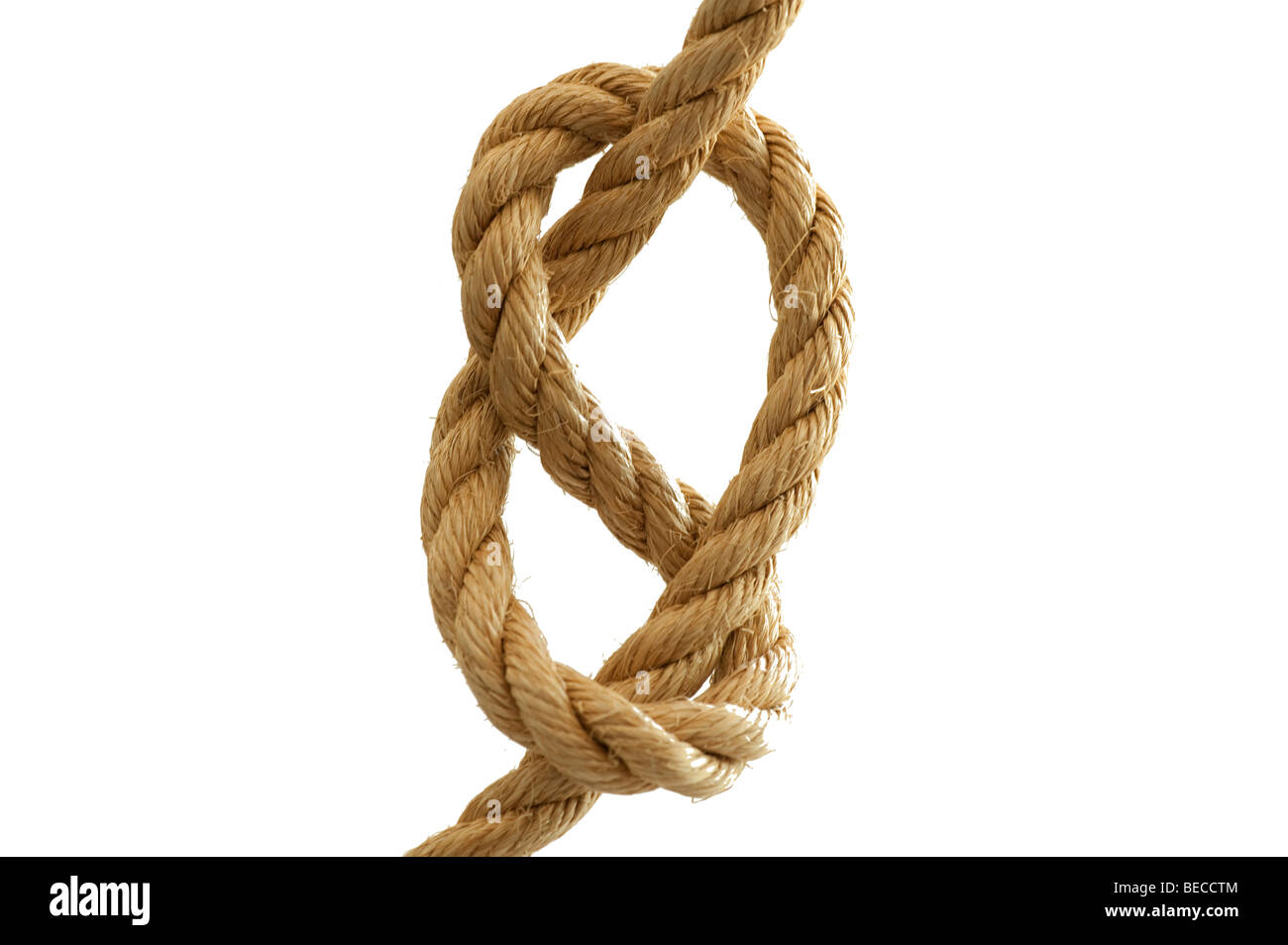 big knot in heavy manila hemp rope Stock Photo