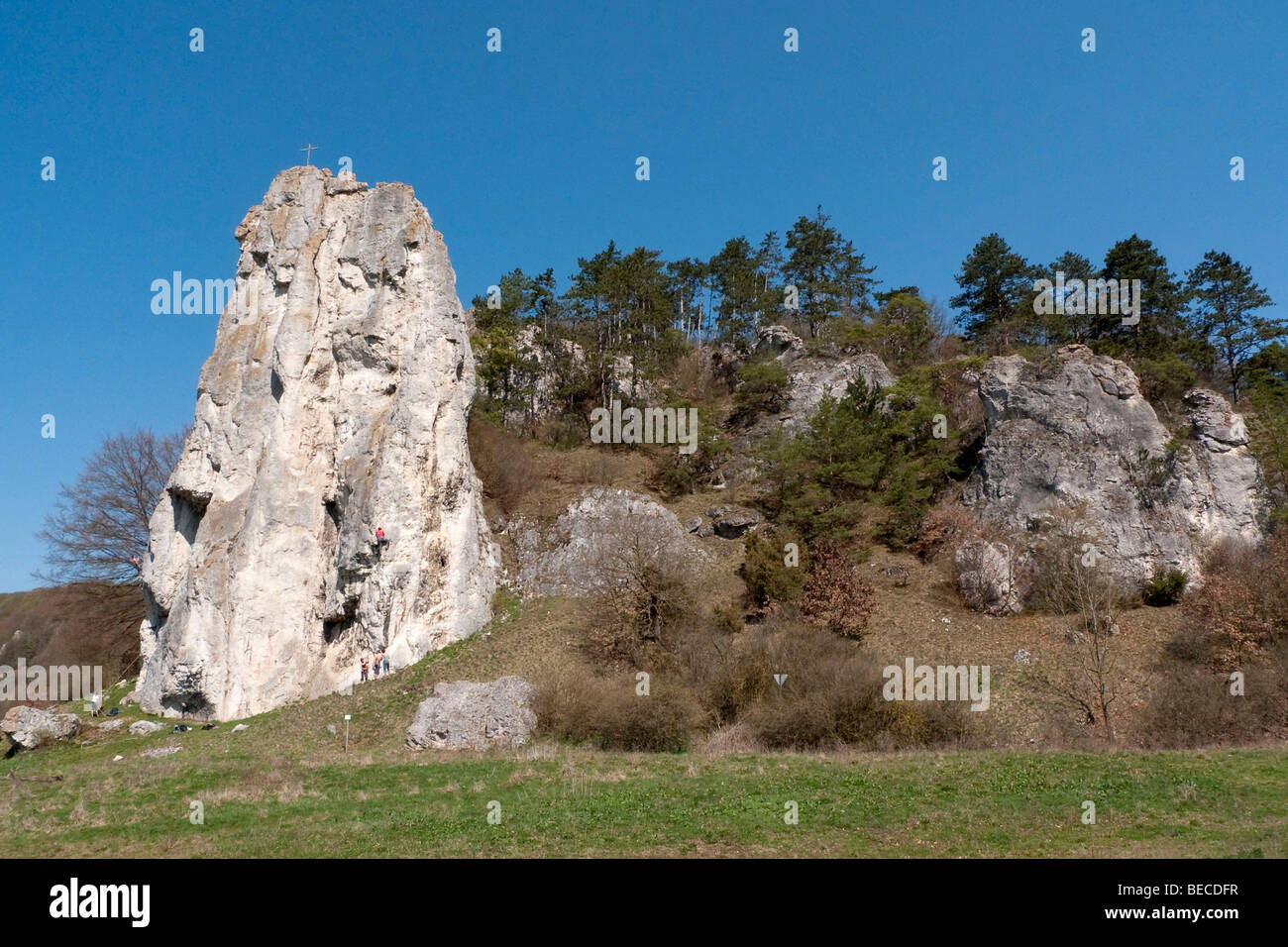 Burgsteinfelsen rock near Dollstein in the Altmuehltal valley, Bavaria, Germany, Europe Stock Photo