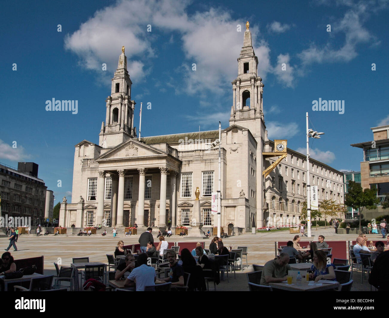 Civic Hall Millenium Square and outdoor dining Leeds Yorkshire UK Stock