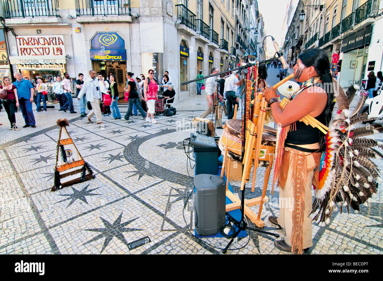 Portugal:  Street musicians from Peru performing n Lisbon´s downtown Stock Photo