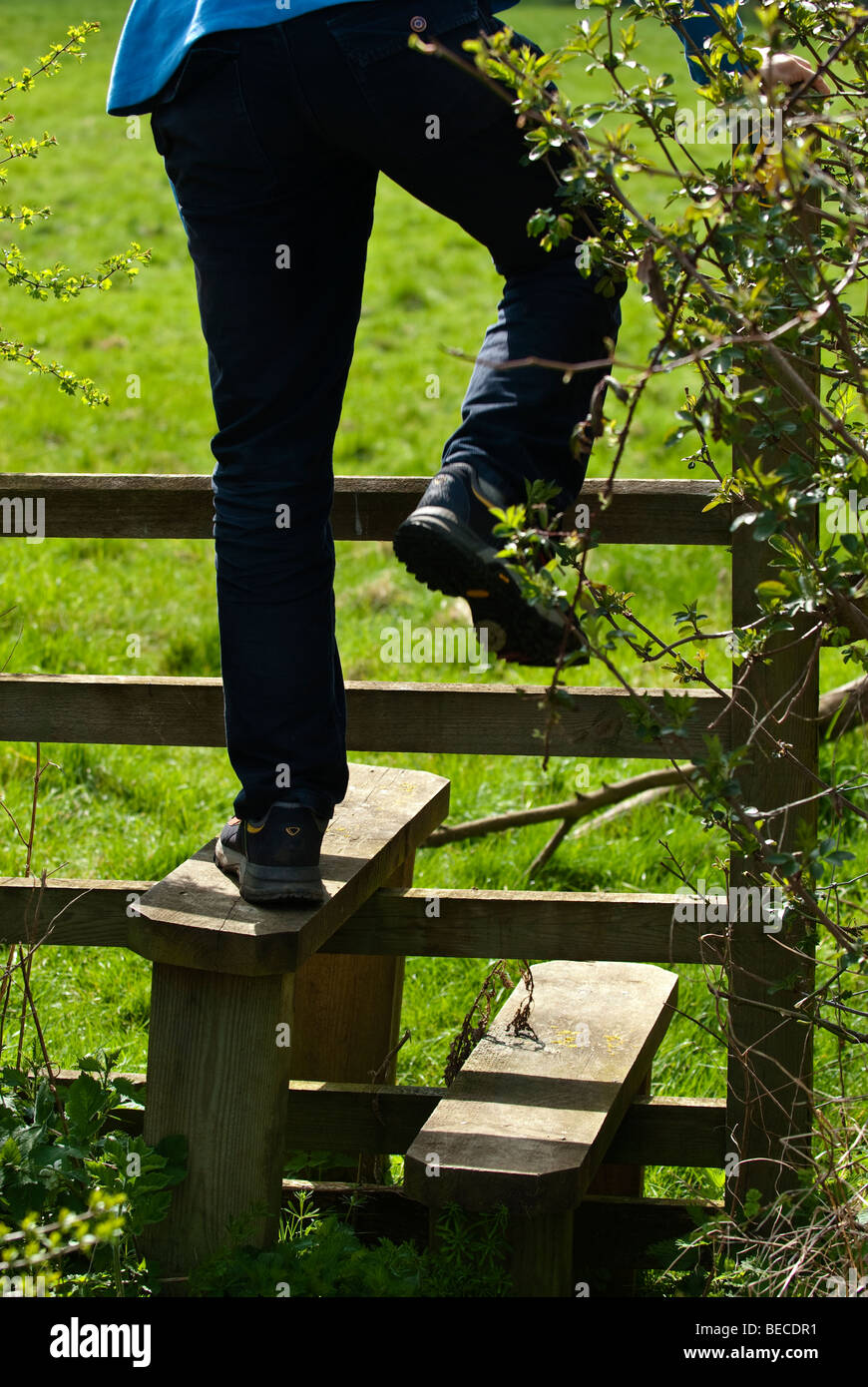 A walker climbing over a stile on a country walk Stock Photo - Alamy