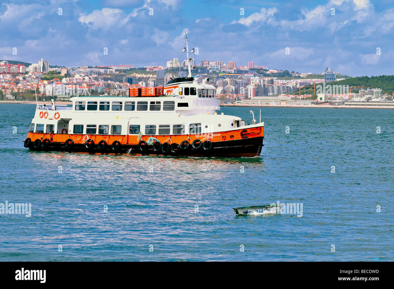 The ferry boats are public transports between the two margins of river Tejo Stock Photo