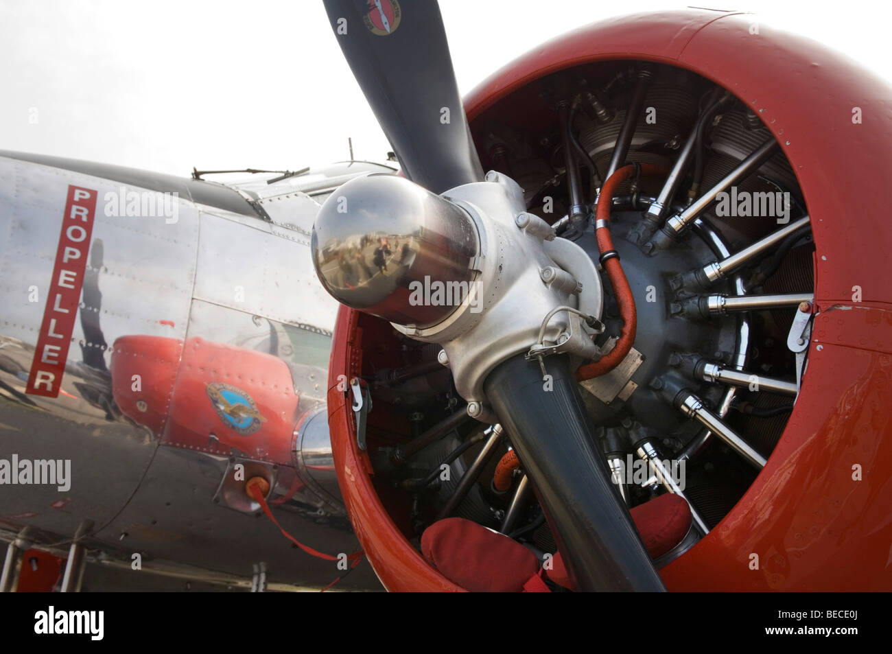 Twin-engined vintage airplane, detail, view of the radial engine with propeller shaft Stock Photo