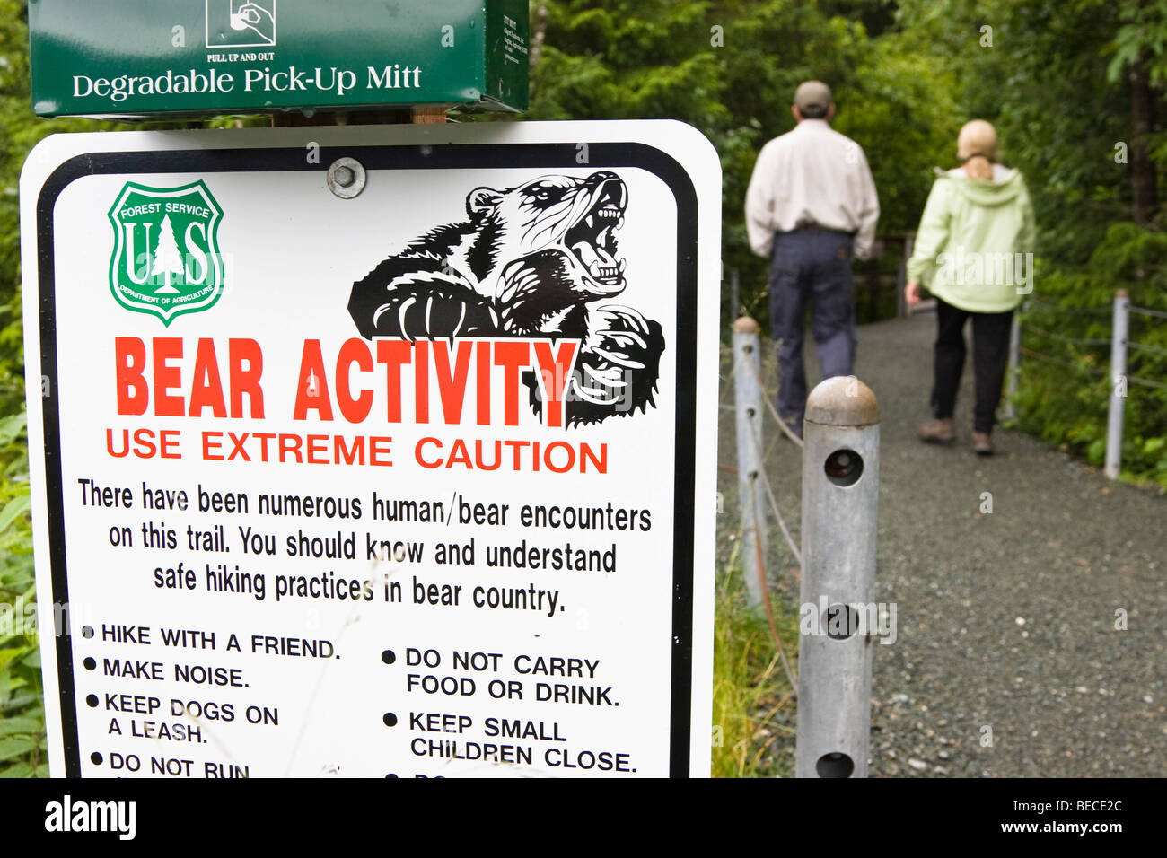 Bear warning sign at trail, Alaska, USA, North America Stock Photo