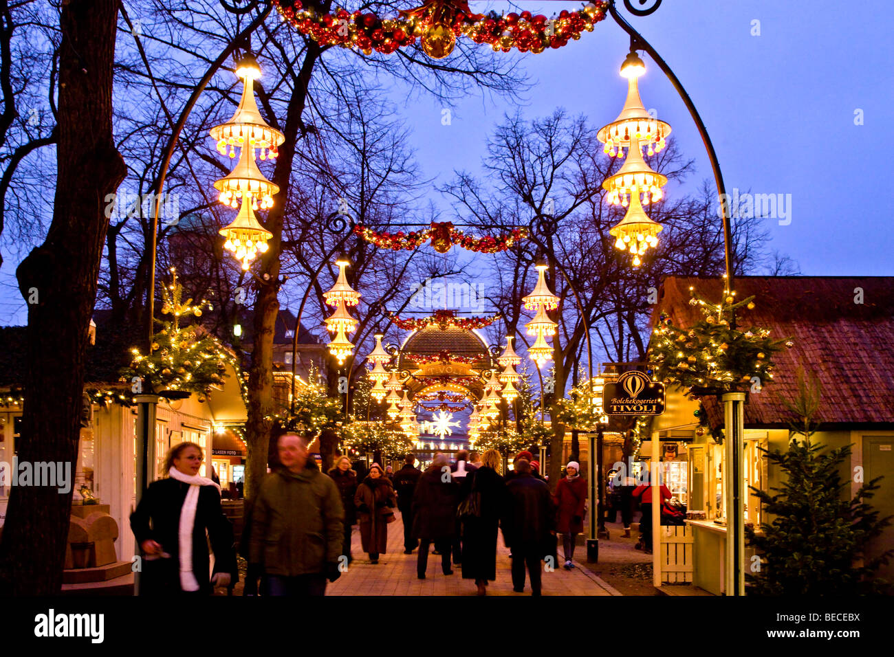 Christmas decorated main street in Tivoli, Copenhagen, Denmark Stock Photo