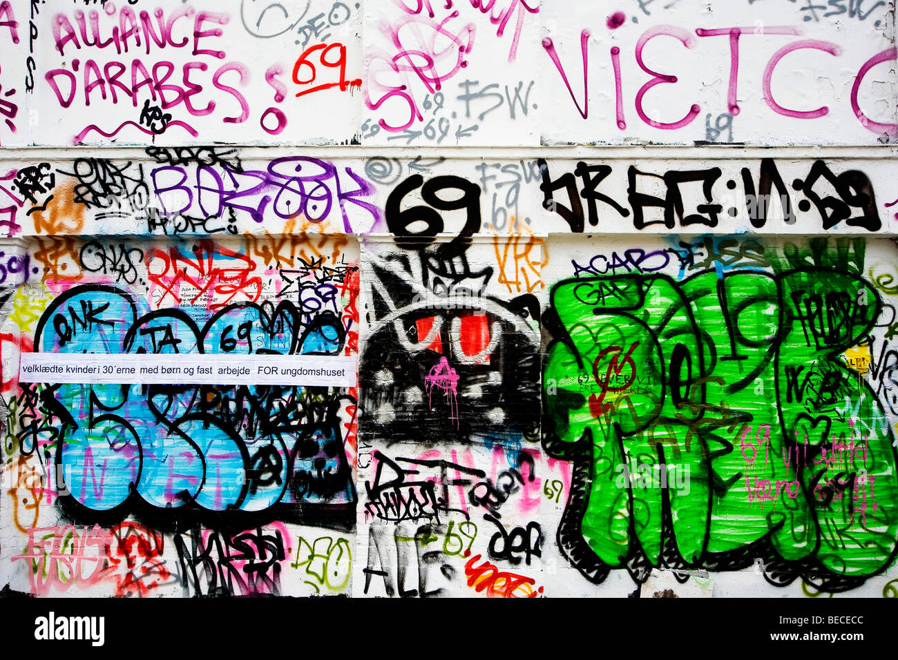 Graffiti wall near the removed youth community center Ungdomshuset in Copenhagen, Denmark Stock Photo