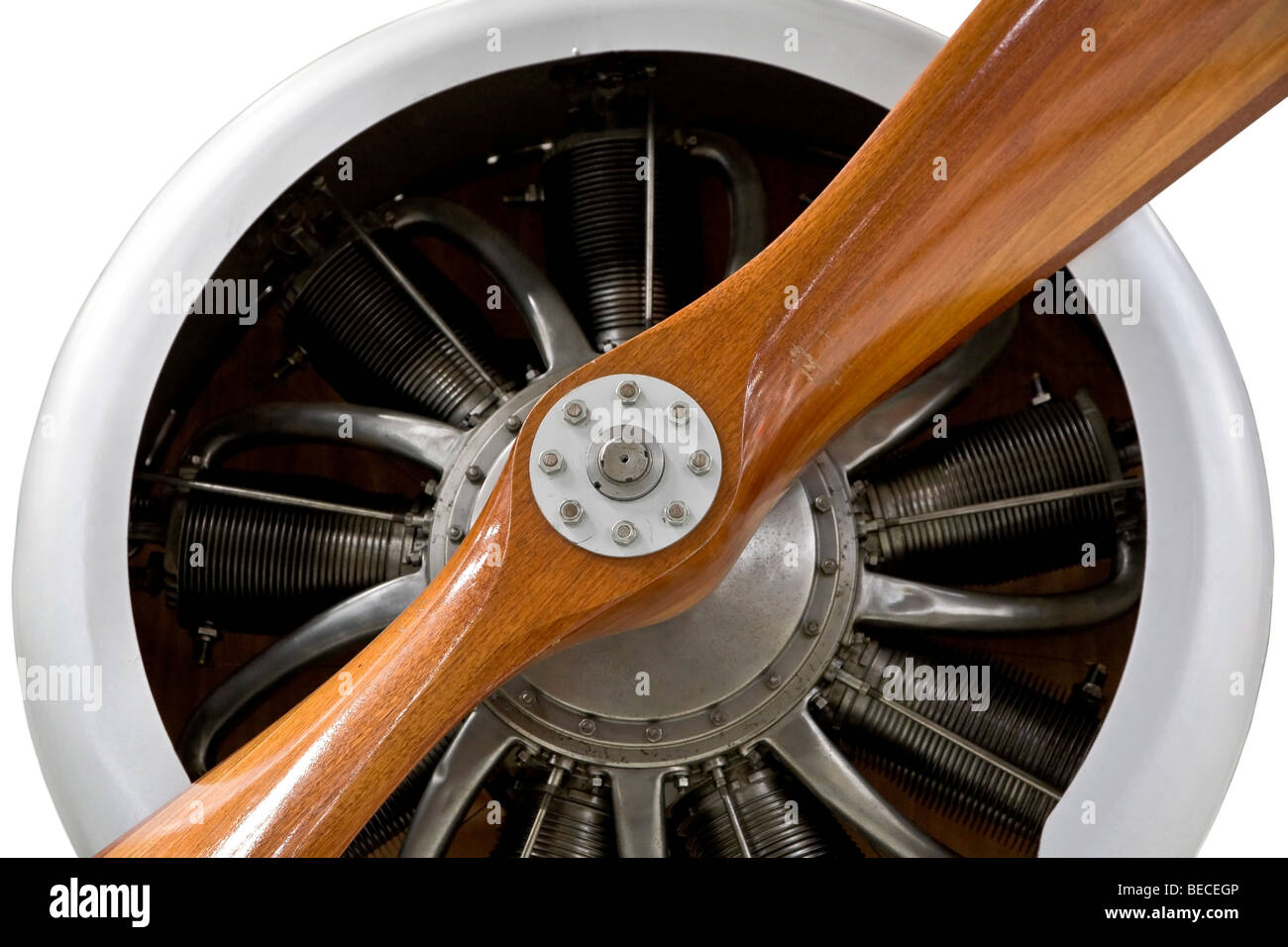 Aircraft engine with wooden propeller Stock Photo