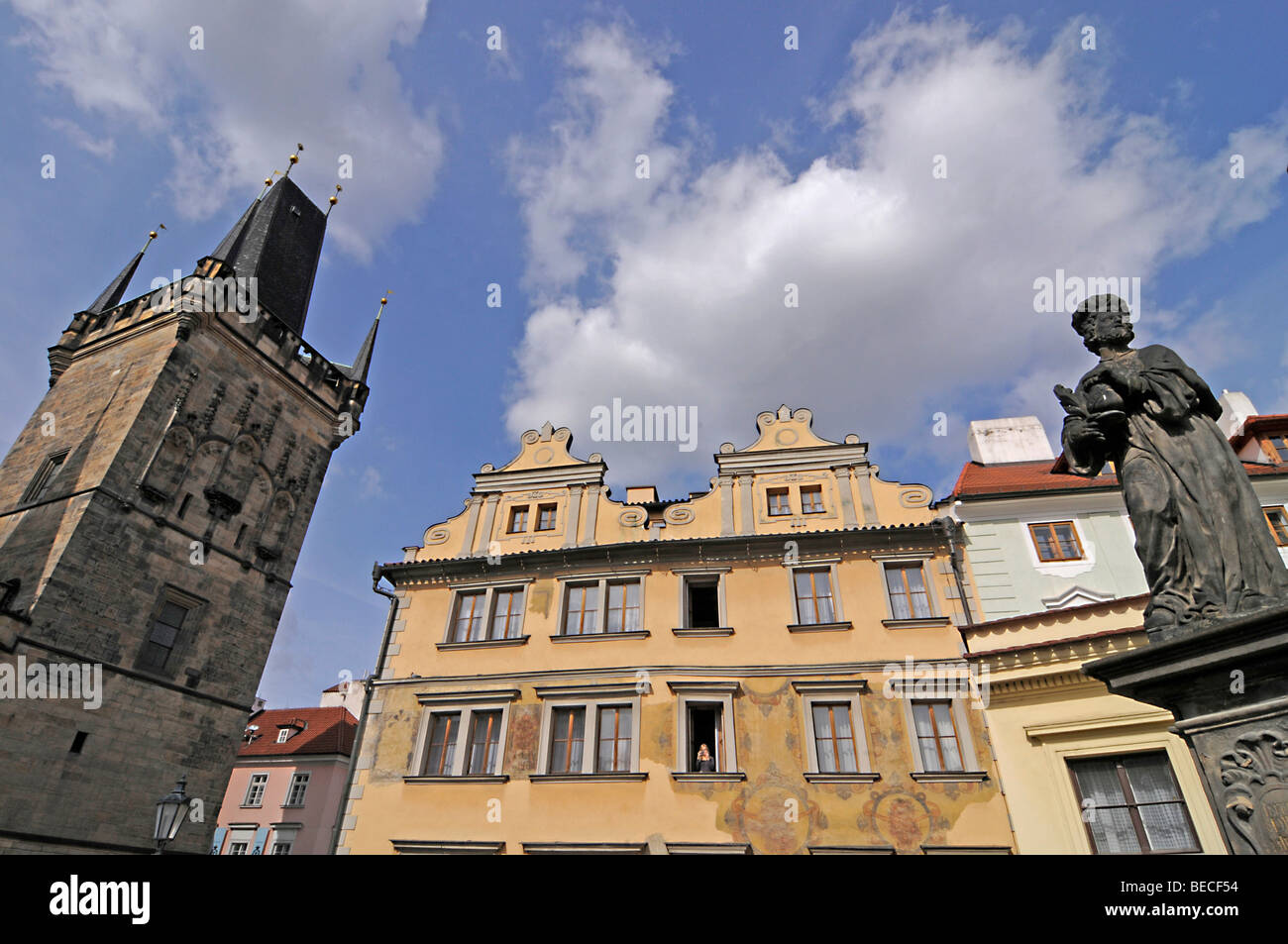 Bridge tower of the Charles bridge on the Malá Strana side, UNESCO World Heritage Site, Prague, Czech Republic, Europe Stock Photo