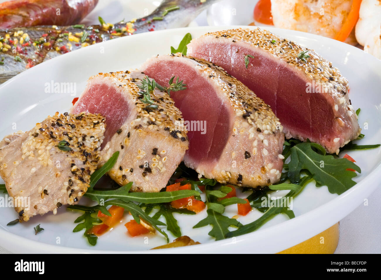 Thuna filet with sesame crust Stock Photo