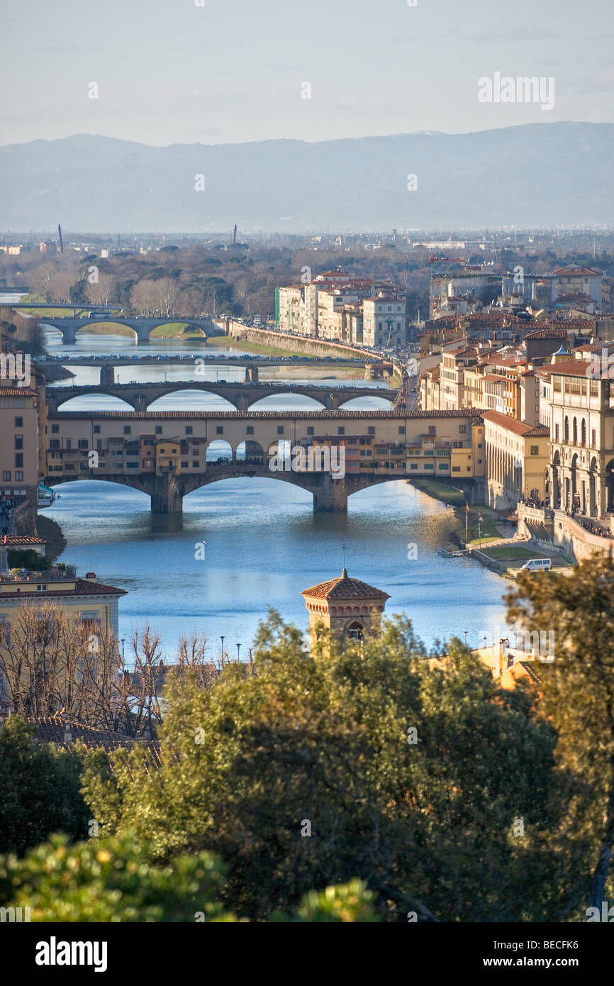 Panoramic view of Florence and Ponte Vecchio. Tuscany, Italy. Stock Photo