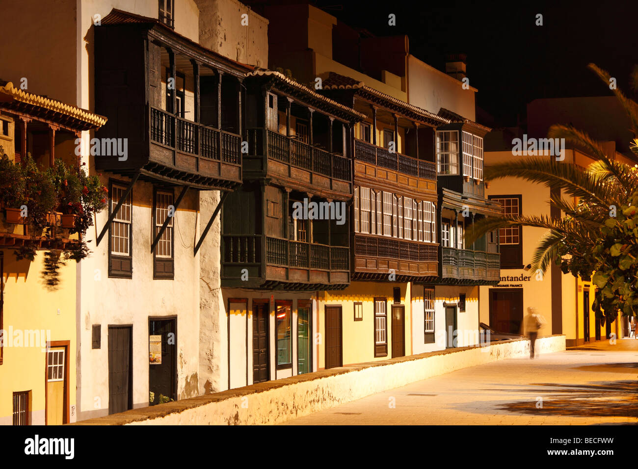 Balcony houses in Avenida Marítima, Santa Cruz de la Palma, La Palma, Canary Islands, Spain Stock Photo