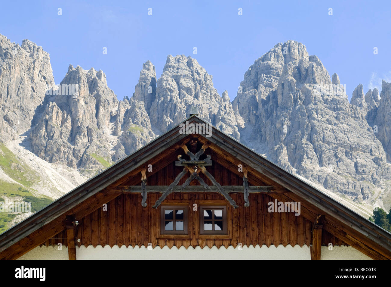 Gable of an alpine building, Kalkkoegel mountain chain at back, Kematen alp, Axams, Tyrol, Austria, Europe Stock Photo