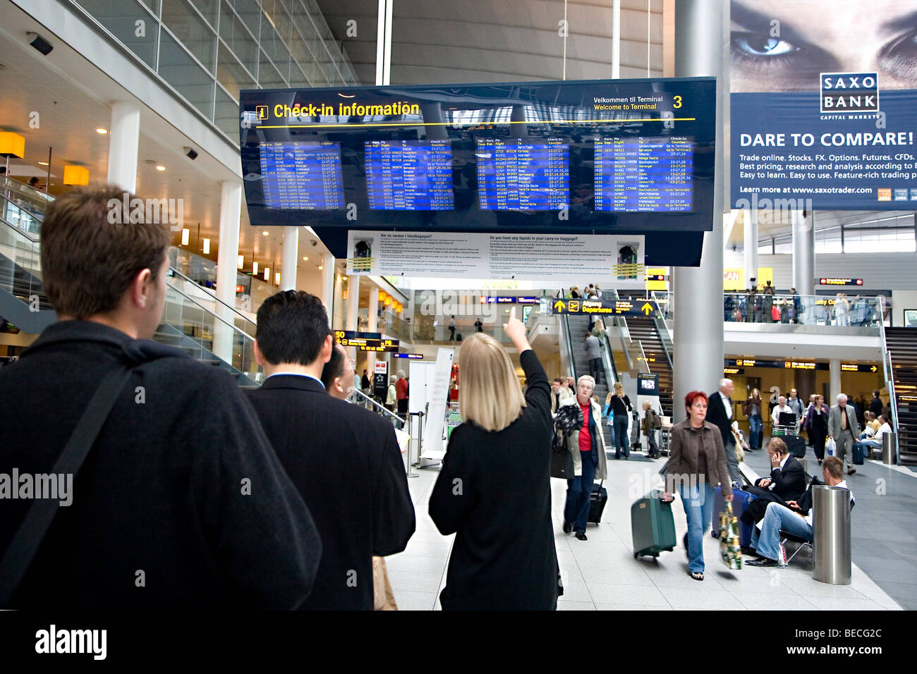 Departure board at Copenhagen Airport, Copenhagen, Denmark Stock Photo