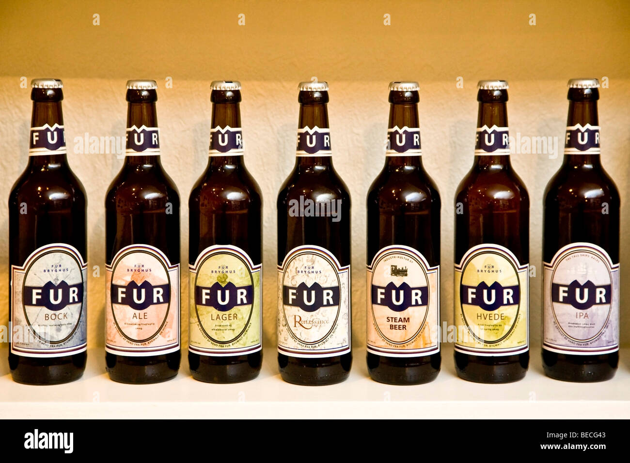 Row of bottles of gourmet beer Stock Photo