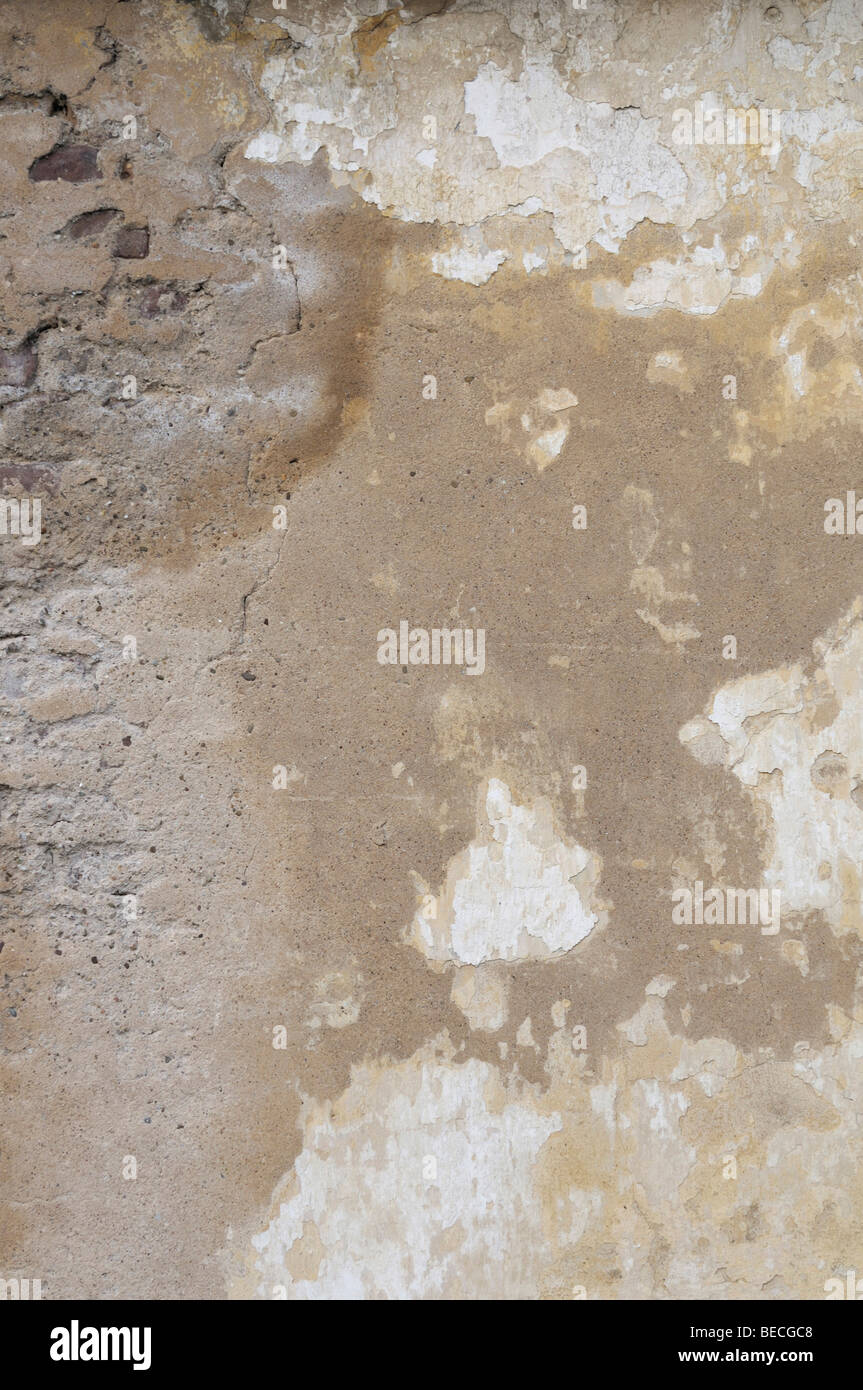 Wall with water damage, water stains, crumbling plaster, background Stock Photo