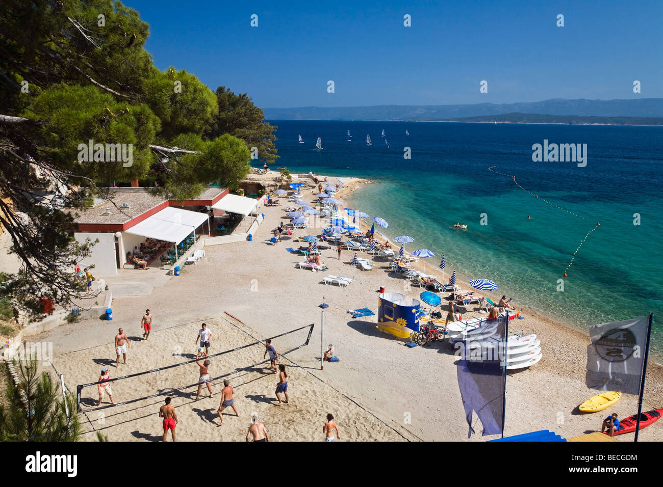 Volleyball on the Beach of Bol, Brac Island, Dalmatia, Croatia, Adriatic Sea, Mediterranean, Europe Stock Photo