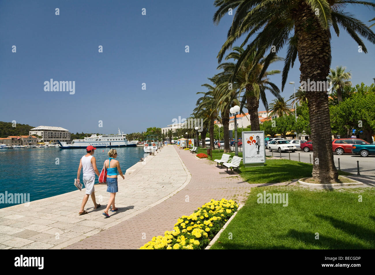 Seaside Promenade with palm trees, Makarska, Croatia, Adriatic Sea, Mediterranean, Europe Stock Photo