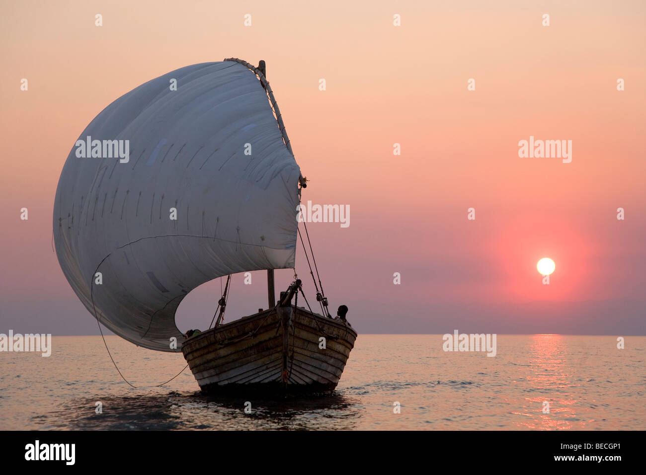 Dhow, african sailing boat before sunset, Pumulani Lodge, Lake Malawi